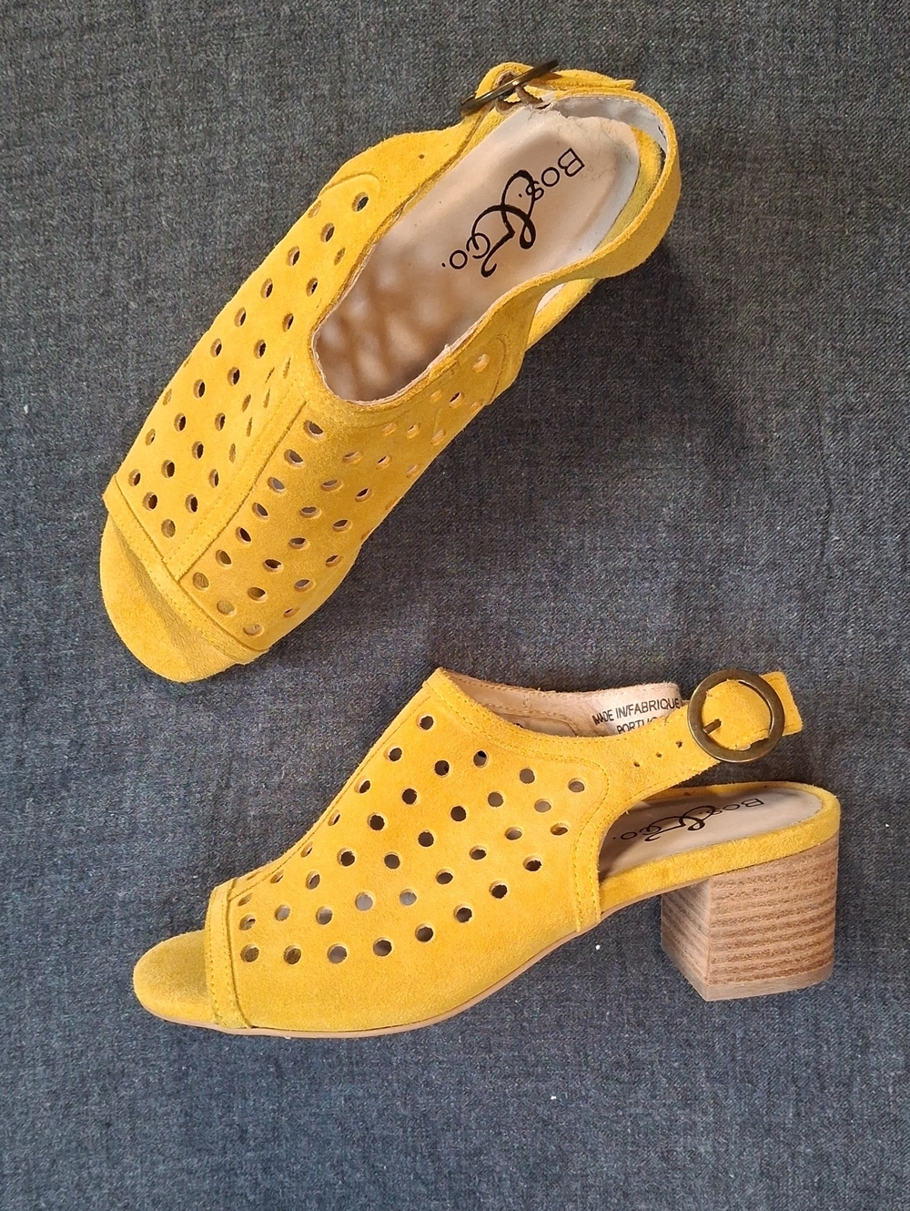 Bos & Co. Yellow Suede Laser Cut Block Heel Sandals – Size 37 (US 6.5-7)